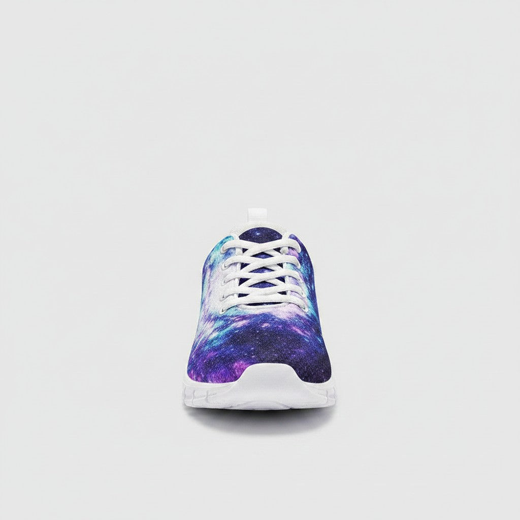 Freaky Shoes® galaxy print high-top canvas sneakers with white laces and sole, front view