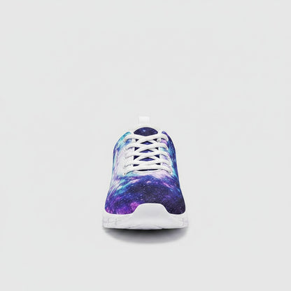Freaky Shoes® galaxy print high-top canvas sneakers with white laces and sole, front view