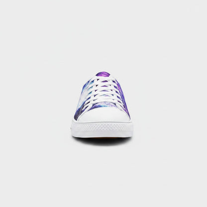 Freaky Shoes® low-top canvas sneakers featuring a vibrant purple and blue galaxy art print, front view.