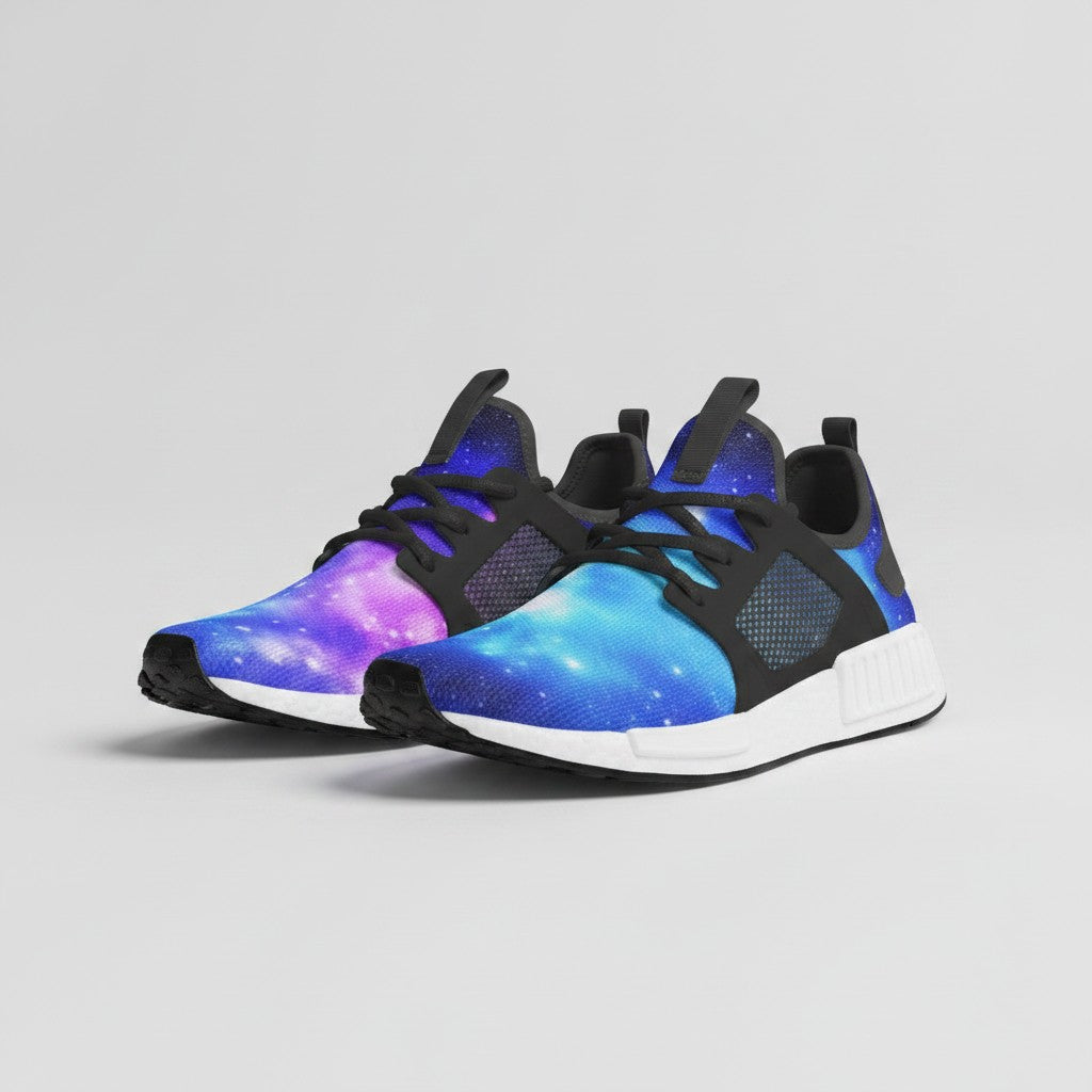 Freaky Shoes® galaxy print high-top canvas sneakers with blue and purple nebula design and white EVA soles.