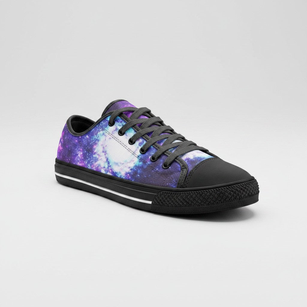 Freaky Shoes® low-top canvas sneakers featuring a vibrant purple and blue galaxy print with black laces and toe cap.
