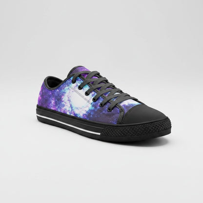 Freaky Shoes® low-top canvas sneakers featuring a vibrant purple and blue galaxy print with black laces and toe cap.
