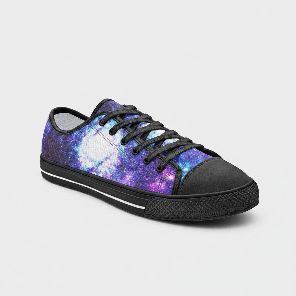 Freaky Shoes® low-top canvas sneakers featuring a vibrant purple and blue galaxy print with black laces and trim.