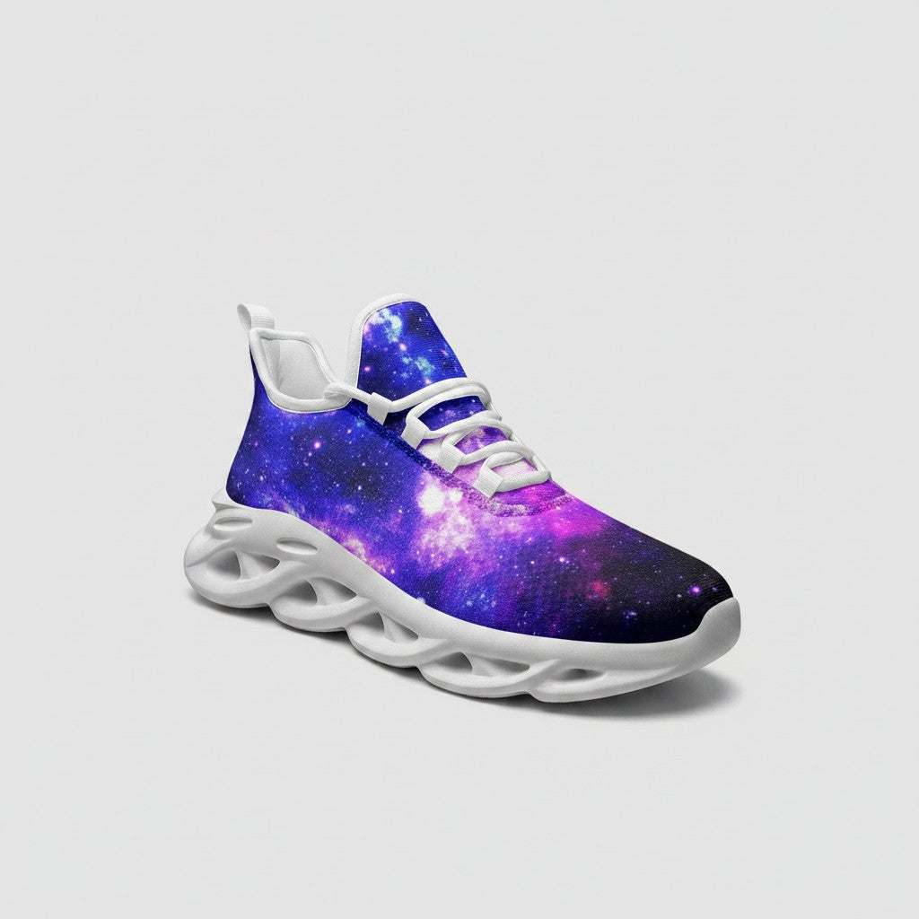 Freaky Shoes® galaxy print high-top canvas sneakers with a white EVA sole and lace-up closure.