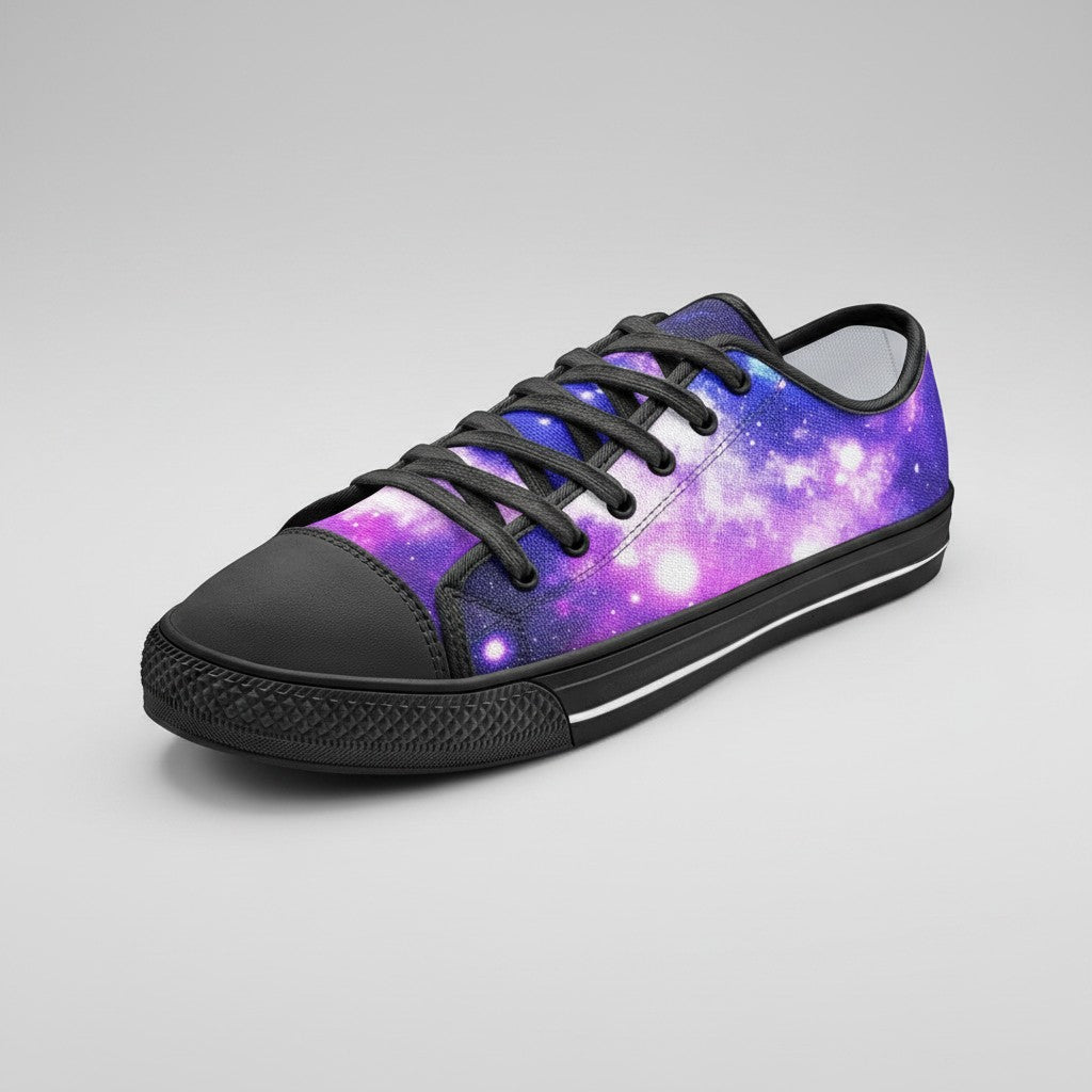 Freaky Shoes® low-top canvas sneakers featuring a vibrant purple and blue galaxy print with black laces and trim.