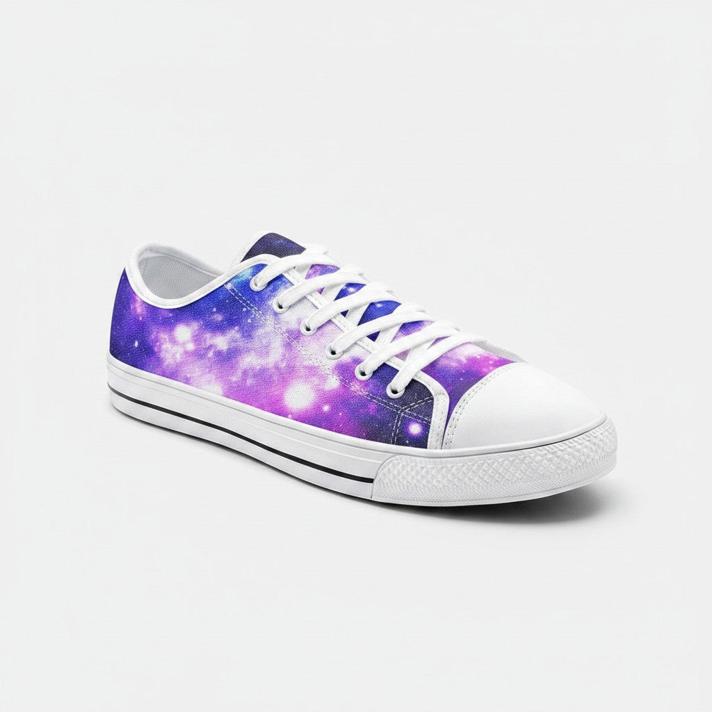 Freaky Shoes® low-top canvas sneakers featuring a vibrant purple and blue galaxy print with white laces and toe cap.