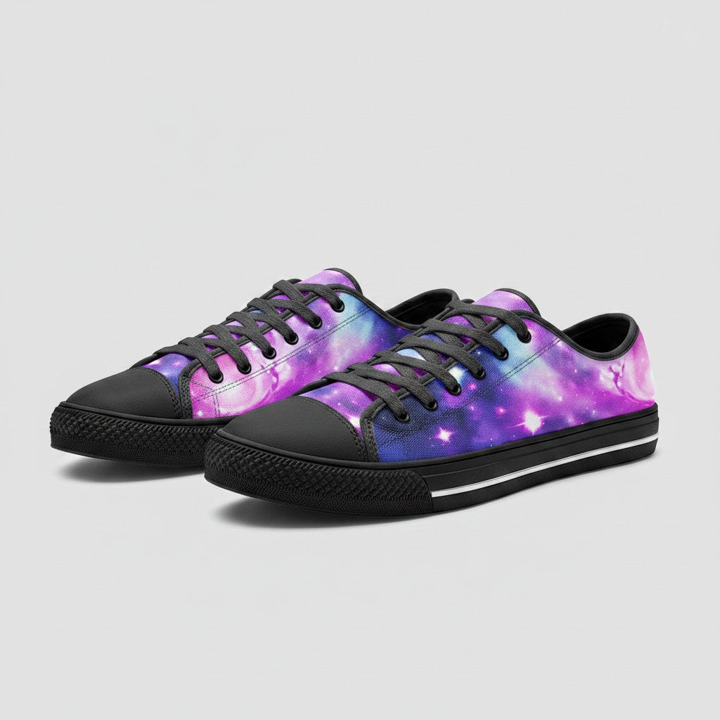 Freaky Shoes® Galaxy Fun low-top canvas sneakers featuring a vibrant purple and blue nebula print with black laces.