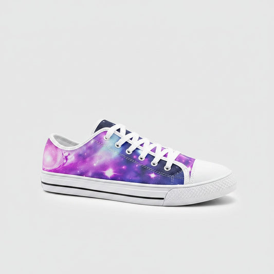 Freaky Shoes® Galaxy Fun low-top canvas sneakers featuring a vibrant purple and blue cosmic space print.