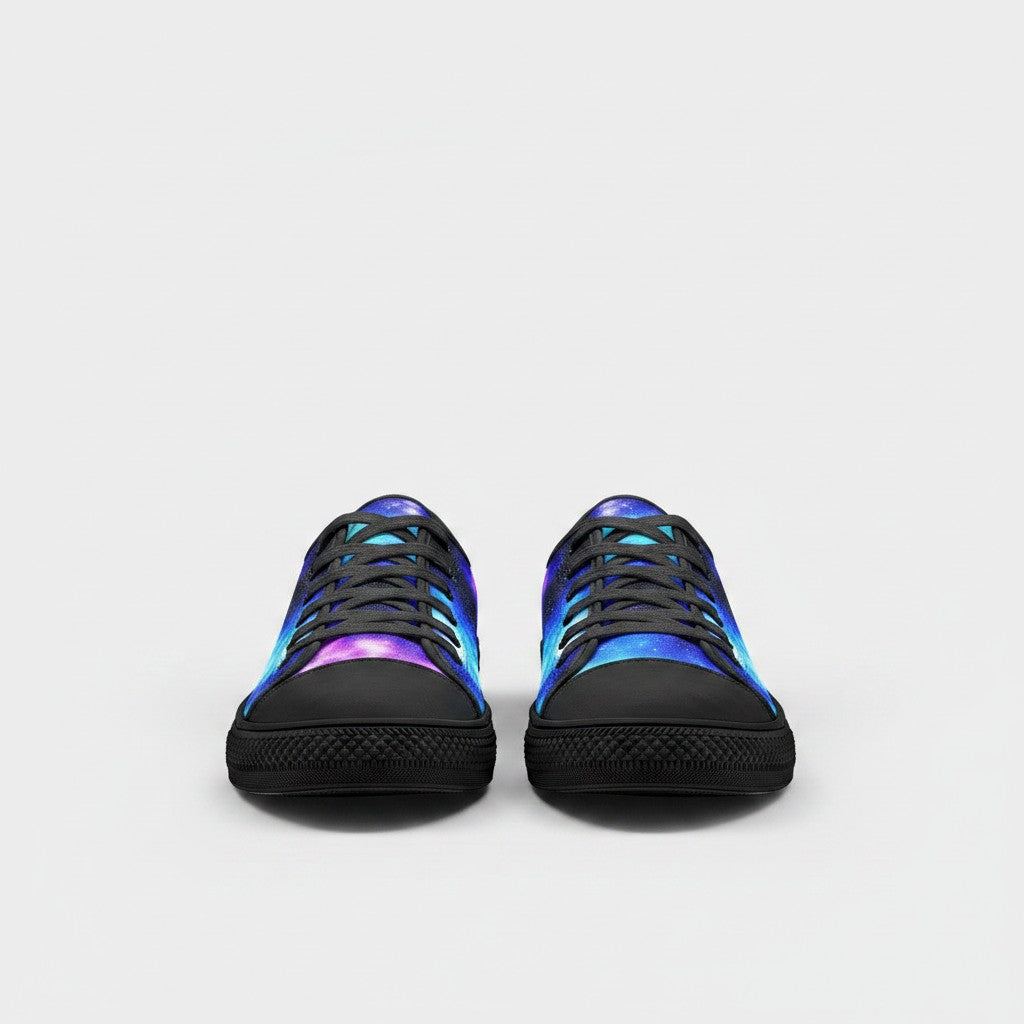 Freaky Shoes® low-top canvas sneakers featuring a vibrant purple and blue galaxy print with black laces and soles.