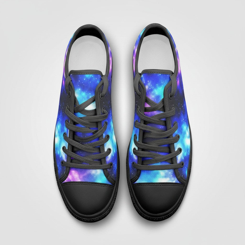 Freaky Shoes® Galaxy Art low-top canvas sneakers with vibrant blue and purple nebula print and black lace-up closure.