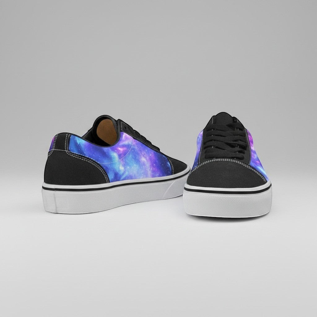 Freaky Shoes® women's low-top canvas sneakers featuring a vibrant purple and blue galaxy nebula space print