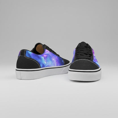 Freaky Shoes® women's low-top canvas sneakers featuring a vibrant purple and blue galaxy nebula space print