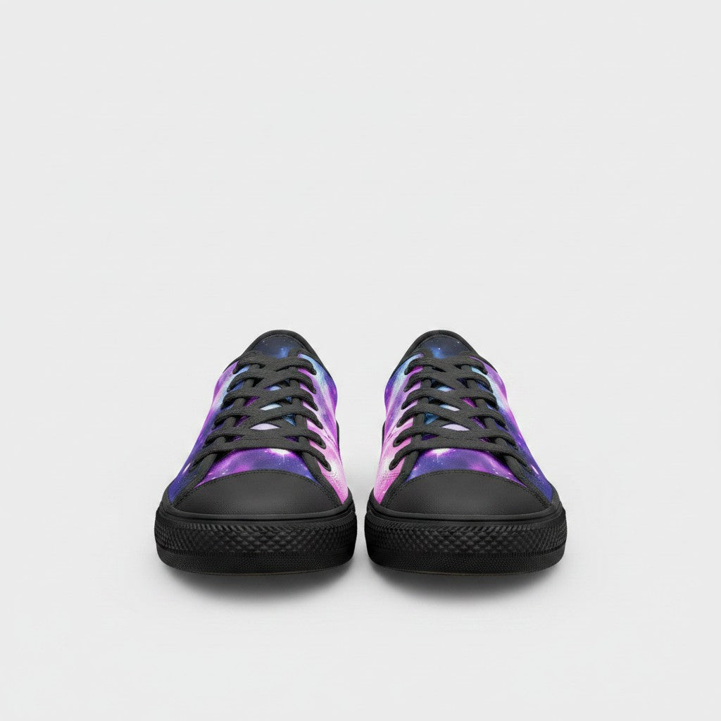 Freaky Shoes® Galaxy Fun low-top canvas sneakers featuring a vibrant purple and blue space print with black laces.