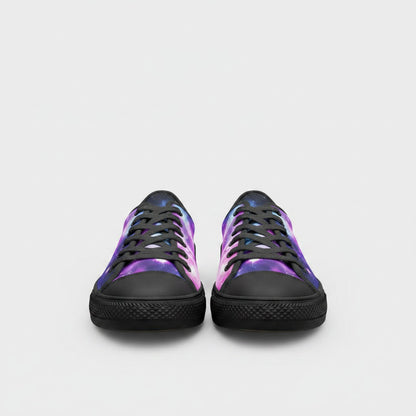 Freaky Shoes® Galaxy Fun low-top canvas sneakers featuring a vibrant purple and blue space print with black laces.