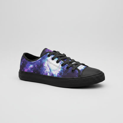 Freaky Shoes® low-top canvas sneakers featuring a vibrant purple and blue galaxy print with black laces and sole.