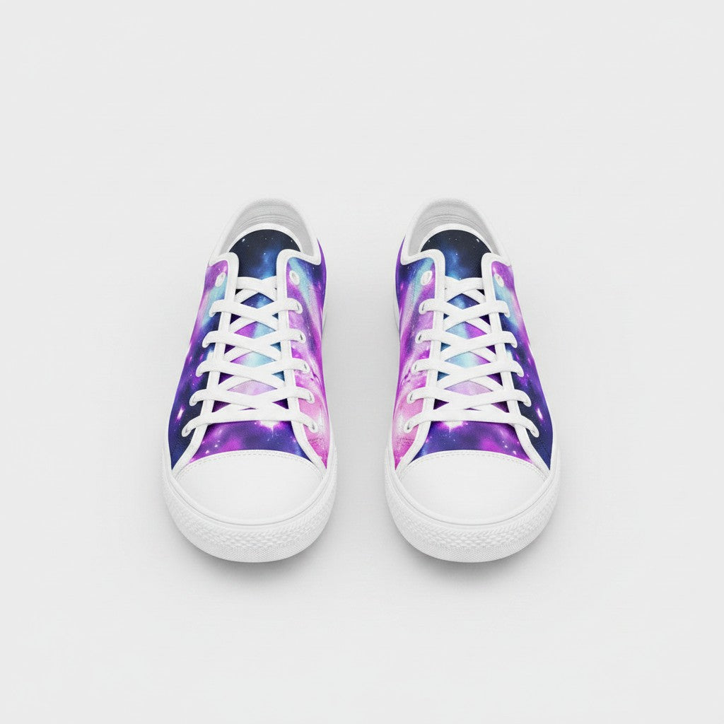 Freaky Shoes® Galaxy Fun low-top canvas sneakers with a vibrant purple and blue space nebula print and white laces.