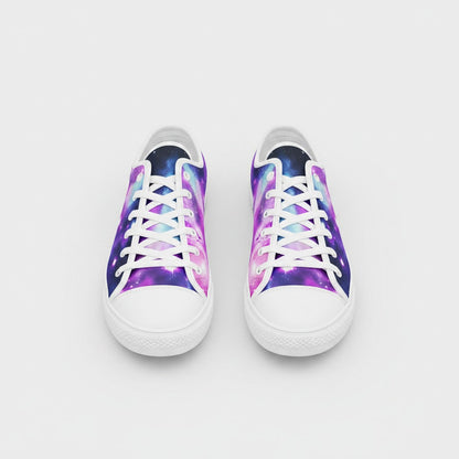Freaky Shoes® Galaxy Fun low-top canvas sneakers with a vibrant purple and blue space nebula print and white laces.