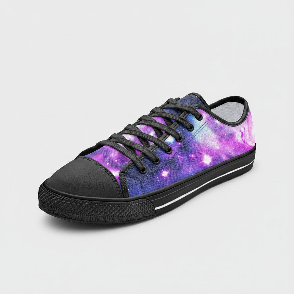 Freaky Shoes® Galaxy Fun low-top canvas sneakers featuring a vibrant purple and blue cosmic galaxy print with black laces