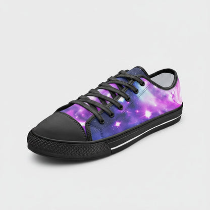 Freaky Shoes® Galaxy Fun low-top canvas sneakers featuring a vibrant purple and blue cosmic galaxy print with black laces
