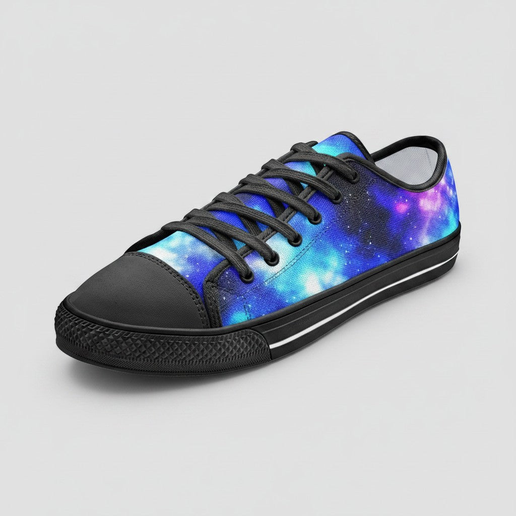 Freaky Shoes® low-top canvas sneakers featuring a vibrant blue and purple galaxy print with black laces and trim.