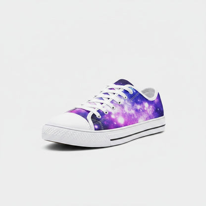 Freaky Shoes® galaxy print low-top canvas sneakers with white laces and a rounded toe design.