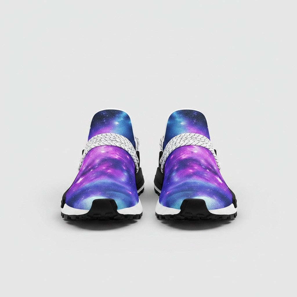 Freaky Shoes® Galaxy Fun high-top canvas sneakers with vibrant purple and blue nebula print and white lace-up detail.