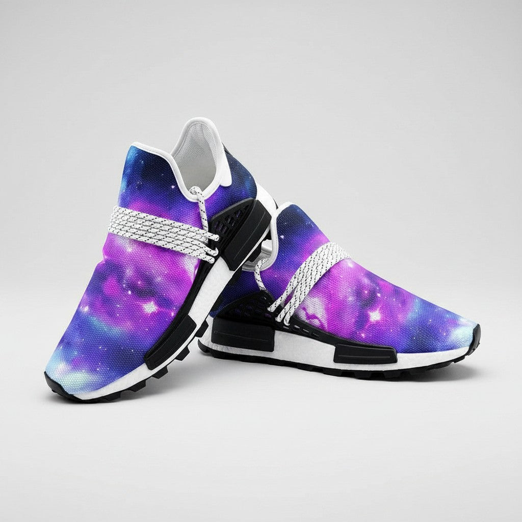 Freaky Shoes® Galaxy Fun high-top canvas sneakers featuring a vibrant purple and blue nebula space print.