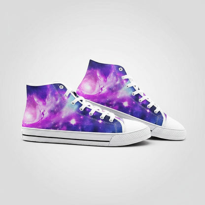 Freaky Shoes® Galaxy Fun high-top canvas sneakers featuring a vibrant purple and blue nebula space print.
