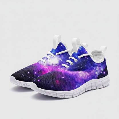 Freaky Shoes® high-top canvas sneakers featuring a vibrant purple and blue galaxy art print with white laces.