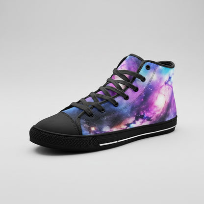 Freaky Shoes® high-top canvas sneakers featuring a vibrant purple and blue galaxy print with black laces and trim.