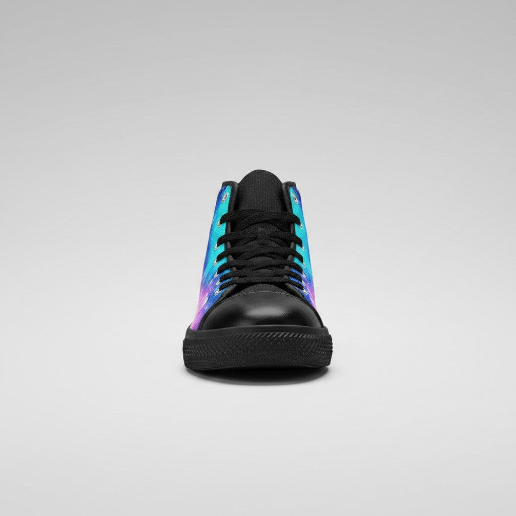 Freaky Shoes® men's high-top canvas sneakers featuring a vibrant galaxy tie-dye gradient print and black toe cap.