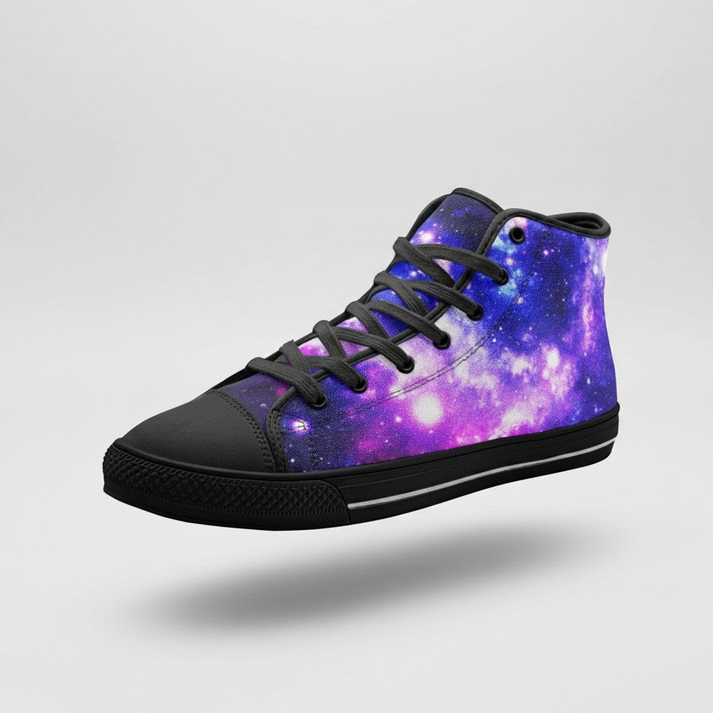 Freaky Shoes® galaxy print high-top canvas sneakers with purple and blue nebula design and black lace-up closure