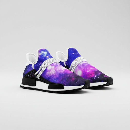 Freaky Shoes® high-top canvas sneakers featuring a vibrant purple and blue galaxy print with white patterned laces.