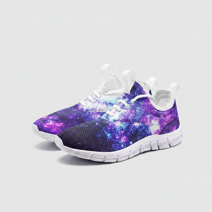 Freaky Shoes® high-top canvas sneakers featuring a vibrant purple and blue galaxy print with white laces and soles.