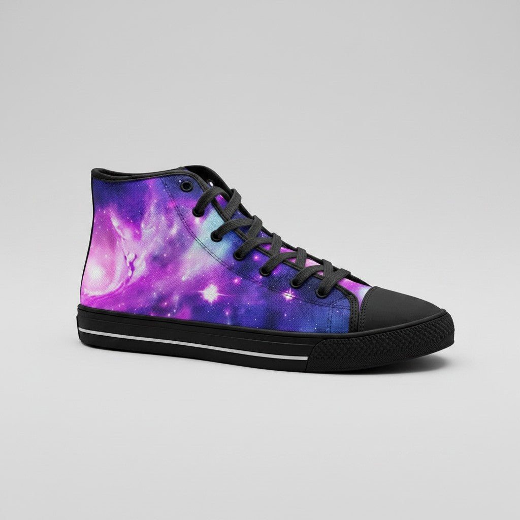 Freaky Shoes® Galaxy Fun high-top canvas sneakers featuring a vibrant purple and blue nebula print with black laces.