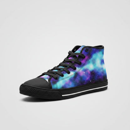 Freaky Shoes® Galaxy Love high-top canvas sneakers featuring a vibrant purple and blue nebula space print.
