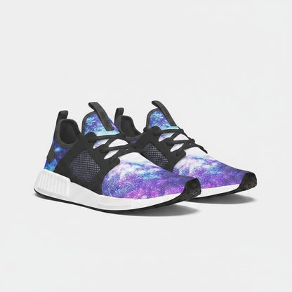 Freaky Shoes® high-top canvas sneakers featuring a vibrant purple and blue galaxy print with black lace-up details.