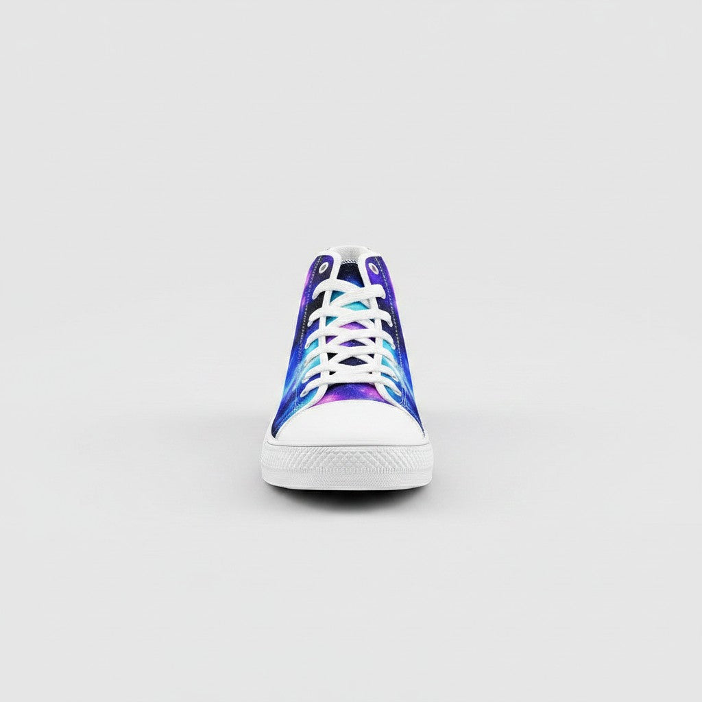 Freaky Shoes® high-top canvas sneakers featuring a vibrant purple and blue galaxy art print with white laces.