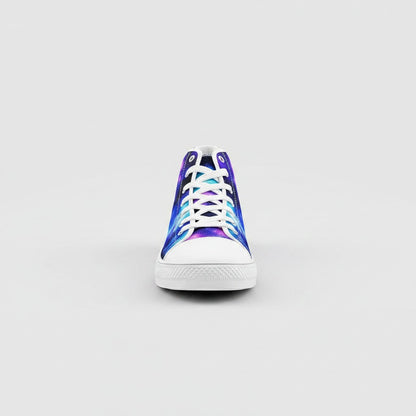 Freaky Shoes® high-top canvas sneakers featuring a vibrant purple and blue galaxy art print with white laces.