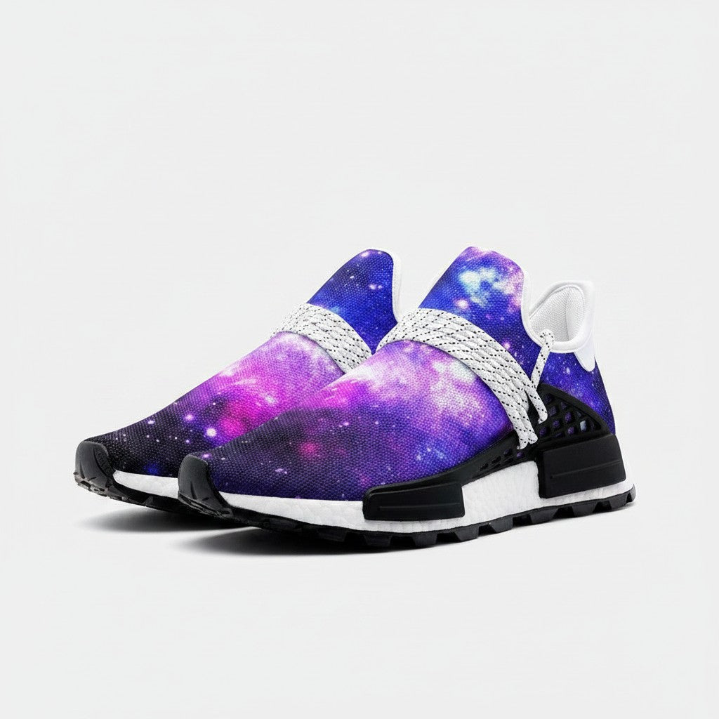 Freaky Shoes® high-top canvas sneakers featuring a vibrant purple and blue galaxy print with white rope laces.