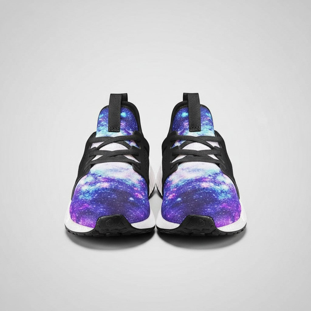 Freaky Shoes® high-top canvas sneakers featuring a vibrant purple and blue galaxy print with black lace-up details.