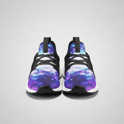 Freaky Shoes® high-top canvas sneakers featuring a vibrant purple and blue galaxy print with black lace-up details.