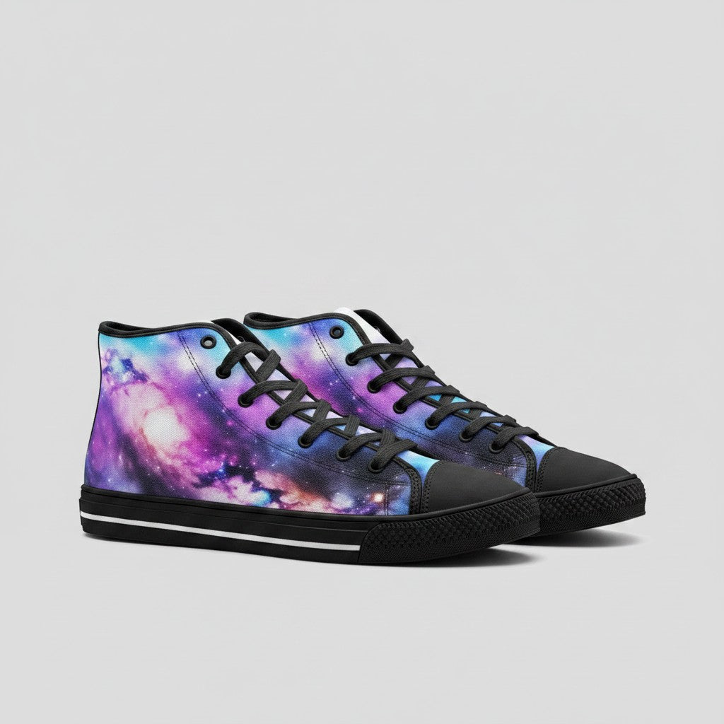 Freaky Shoes® high-top canvas sneakers featuring a vibrant purple and blue galaxy print with black laces and soles.