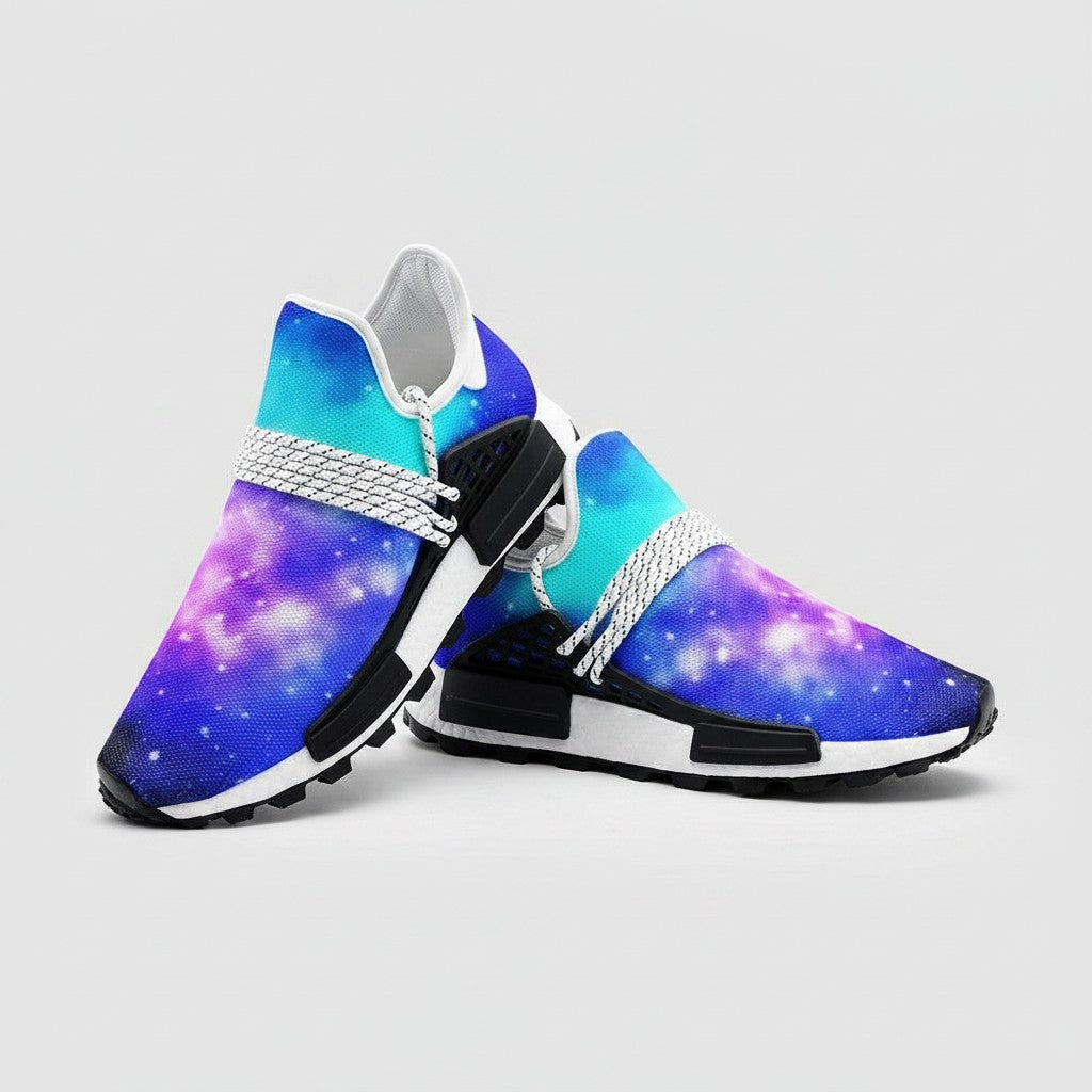 Freaky Shoes® high-top canvas sneakers featuring a vibrant blue and purple galaxy print with white lace-up details.
