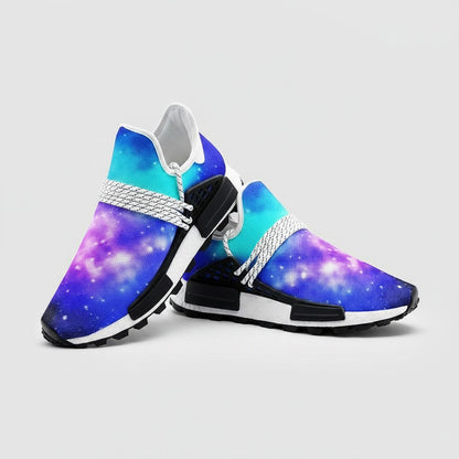 Freaky Shoes® high-top canvas sneakers featuring a vibrant blue and purple galaxy print with white lace-up details.