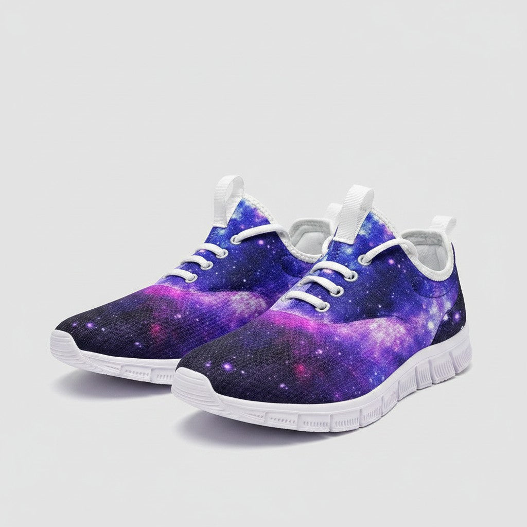 Freaky Shoes® high-top canvas sneakers featuring a vibrant purple and blue galaxy print with white laces and soles.