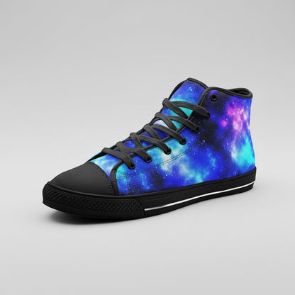 Freaky Shoes® high-top canvas sneakers featuring a vibrant blue and purple galaxy print with black laces and trim.