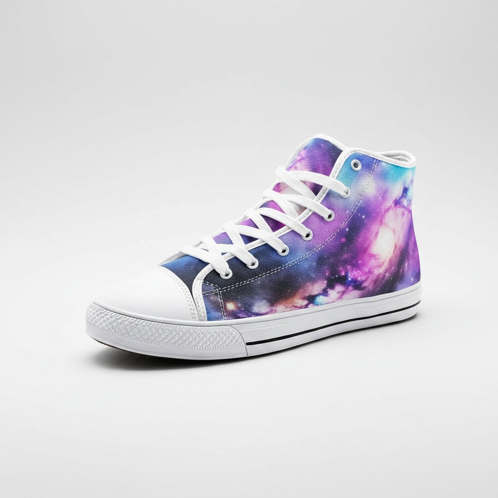 Freaky Shoes® high-top canvas sneakers featuring a vibrant purple and blue galaxy print with white laces and toe cap.