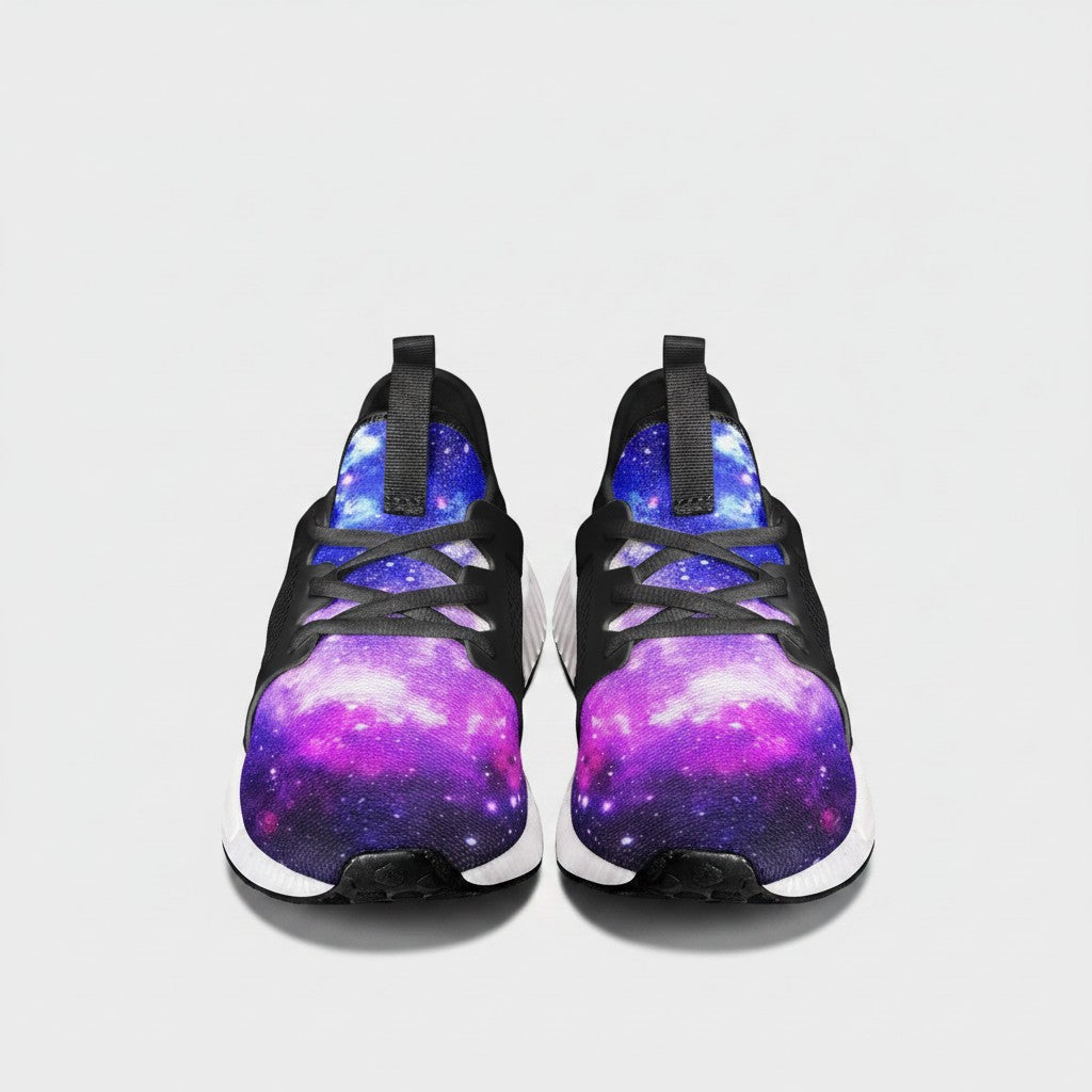 Freaky Shoes® high-top canvas sneakers featuring a vibrant purple and blue galaxy print with black lace-up details.