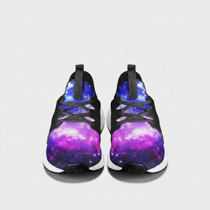 Freaky Shoes® high-top canvas sneakers featuring a vibrant purple and blue galaxy print with black lace-up details.